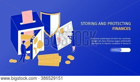 Finance Storing And Protecting Service Landing Page With Safe Lock Box Horizontal Isometric Web Bann