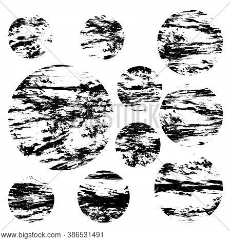 Grunge Round Design Elements. Black Scuffs On A White Wall. Dirt Grunge Distress Texture. Overlay Gr