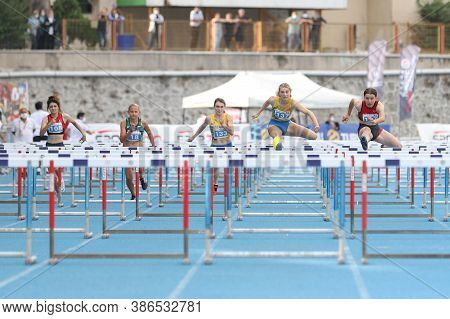 Istanbul, Turkey - September 13, 2020: Athletes Running 100 Metres Hurdles During Balkan U20 Athleti