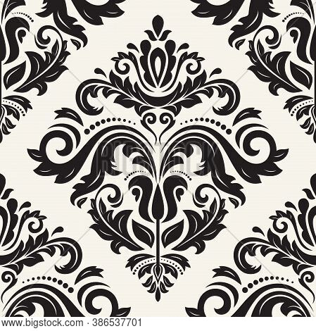 Classic Seamless Pattern. Damask Orient Light Beigeand Black Ornament. Classic Vintage Background. O