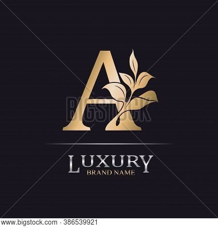Golden Initial Letter A. Elegant design letter A with floral branch. Luxury Gold Logo Icon. Vintage alphabet concept with floral ornate for monogram, initial, heraldy, logo, business, wedding card