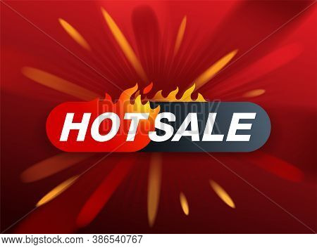 Hot Sale Banner With Burning Text Frame And Blurry Burst On Red Background - Special Offers Promo Fl