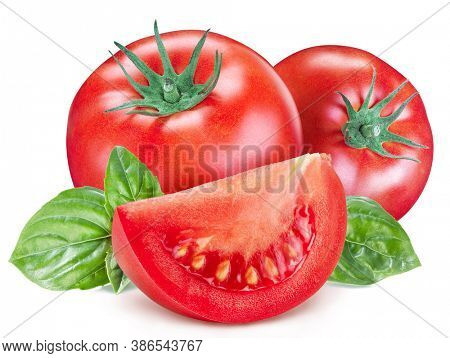Tomatoes with basil leaves and tomato slices isolated on a white background. Clipping path.