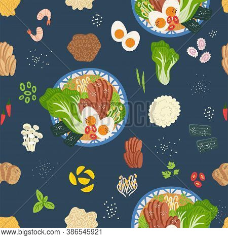 Seamless Pattern. Ramen, Udon, Noodles In Bowl On Table. Top View. Vector Illustration. Japanese Sou