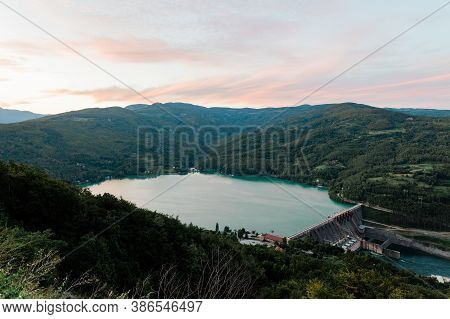 View Of The Perucac Lake, Serbia In Sunset
