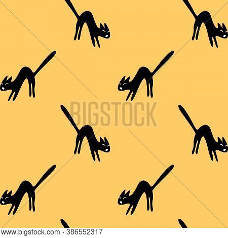 Seamless Pattern With A Hissing Angry Black Witch Cat. Happy Halloween. Textured Background For Gree