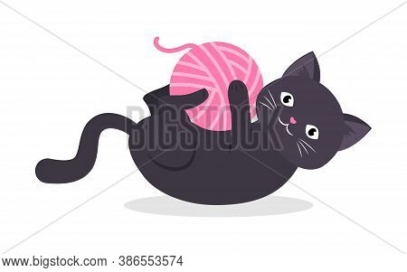 Black Cat Playing With A Pink Ball Of Thread. Pets. Happy Cats Day. Vector Illustration, Isolated On