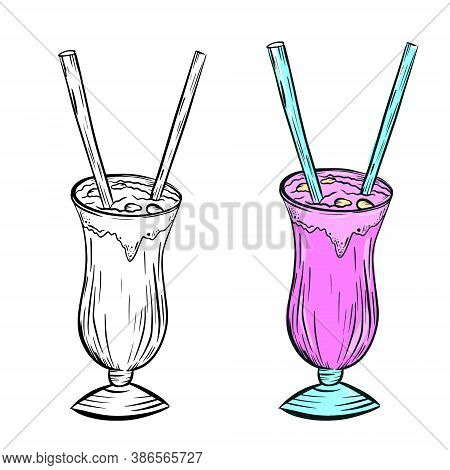 Set Of Black And White And Color Drawings, Milkshake In Different Styles