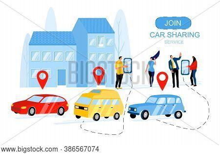 Car Sharing Service.concept Of Online Ordering Taxi,renting Automobile Using Mobile App. People Wait