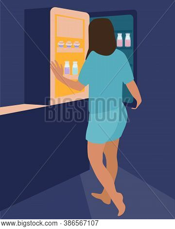 Night Hunger.girl Opens The Refrigerator In The Dark And Thinks What To Eat.the Difficulties Of Losi