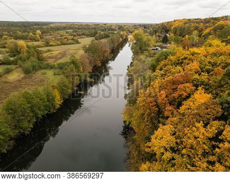 Aerial View Of River Snov In Autumn Near Village Of Sednev, Chernihiv Region, Ukraine.