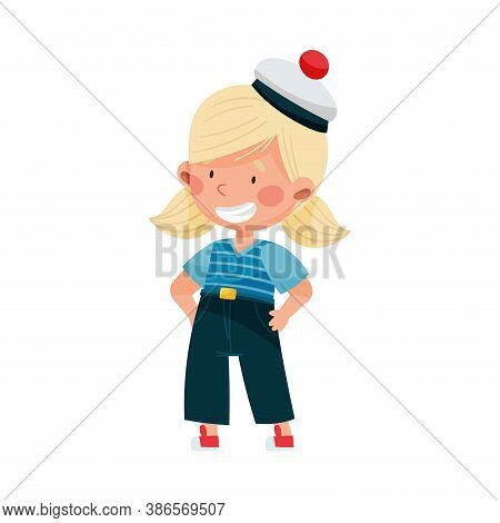 Funny Girl In Mariner Striped Vest And Peakless Hat Standing And Smiling Vector Illustration
