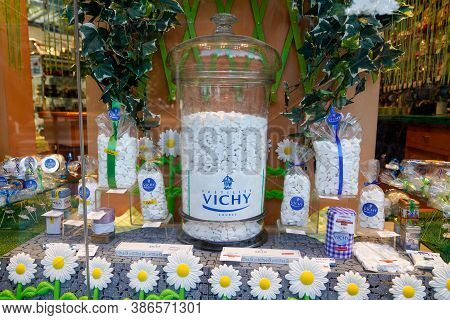 Vichy , Auvergne / France - 09 20 2020 : Vichy Lozenges With Logo And Sign For Shop Candy In A Speci