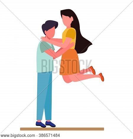 Vector Illustration Of A Young Couple In Love. A Man Lifts A Woman In His Arms