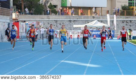 Istanbul, Turkey - September 12, 2020: Athletes Running 100 Metres During Balkan U20 Athletics Champ