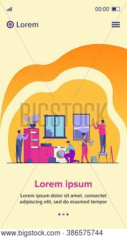 Handyman Working At Customer Home. Repair Man Fixing Washing Machine, Hammering Nails. Vector Illust