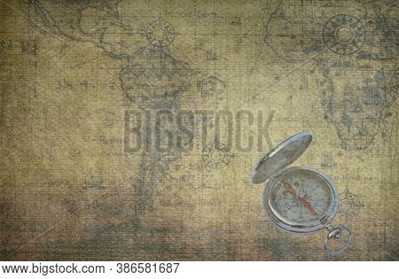 Classic Round Compass On Background Of Old Vintage Map Of World As Symbol Of Tourism With Map And Co