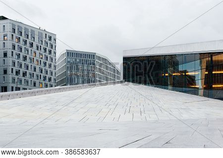 Oslo, Norway - August 10, 2019: Exterior View Of Opera House In Oslo. New Modern Building Designed B