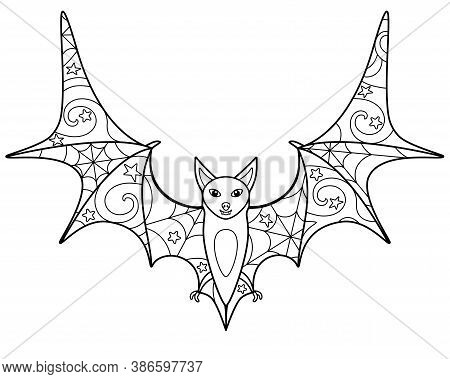 Bat - Coloring Antistress - Vector Linear Picture For Coloring. Bat - With Anti-stress Patterns. Out