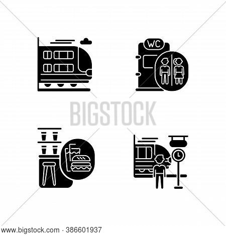 Railway Services Black Glyph Icons Set On White Space. Bilevel Rail Car, Snack Bar, Onboard Toilet A