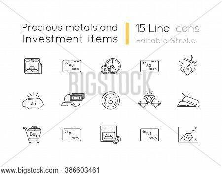 Precious Metals And Investment Linear Icons Set. Business Investment. Mining Production. Customizabl