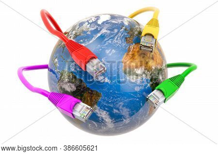 Earth Globe With Lan Cables. Global Internet Connection Concept. 3d Rendering Isolated On White Back