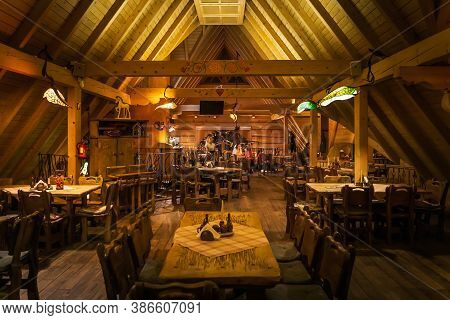 Bialka Tatrzanska, Poland, March 2019 Interior Of Traditional Polish Wooden Restaurant In Popular Wi