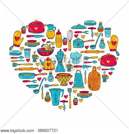 Cooking Equipment Doodle Cute Colorful Icons Vector Set Heart Shae Design