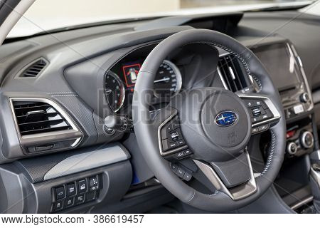 Russia, Izhevsk - August 13, 2020: Subaru Showroom. Interior Of New Modern Car Subaru Forester. Famo