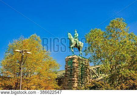 Equestrian Statue Of Kaiser Wilhelm Ii Monument On Stone Pedestal Near Hohenzollern Bridge In Cologn