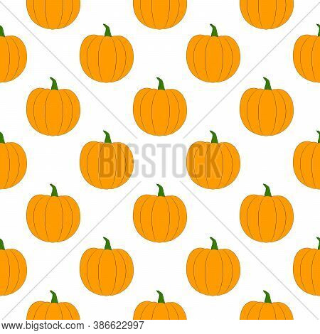 Orange Pumpkin On A White Background Seamless Pattern, Vector