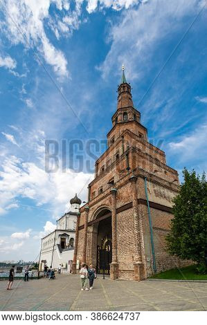 Kazan, Russia - July 15, 2018: Leaning Tower Syuyumbike, Also Called The Khan's Mosque, Is Probably 