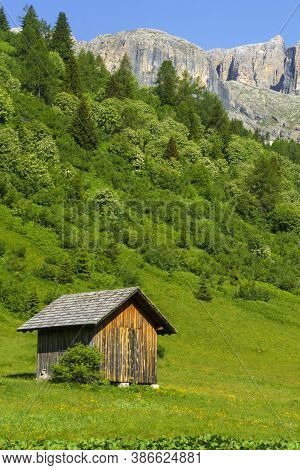 Mountain Landscape At Summer Along The Road To Campolongo Pass, Dolomites, Belluno Province, Veneto,
