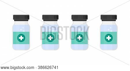 Vaccine Concept. Bottles Of Vaccine, Vector Illustration In Flat Style. Medical Bottle For Vaccine, 