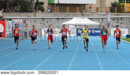 Istanbul, Turkey - September 13, 2020: Athletes Running 100 Metres During Balkan U20 Athletics Champ