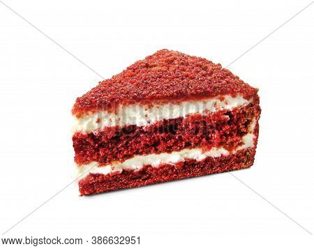 Piece Of Cake Red Velvet Close Up On A White Background Isolated