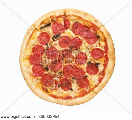 Delicious Italian Classic Pepperoni Pizza On A White Background Isolated