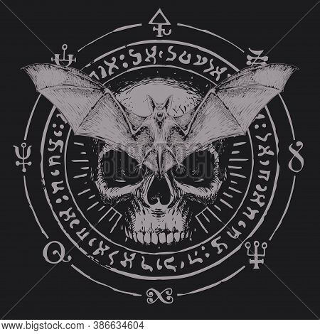 Hand-drawn Scary Bat With Open Wings And Human Skull On A Background Of Magic Symbols Written In A C
