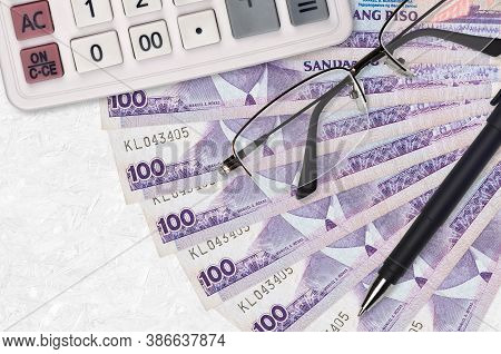 100 Philippine Piso Bills Fan And Calculator With Glasses And Pen. Business Loan Or Tax Payment Seas