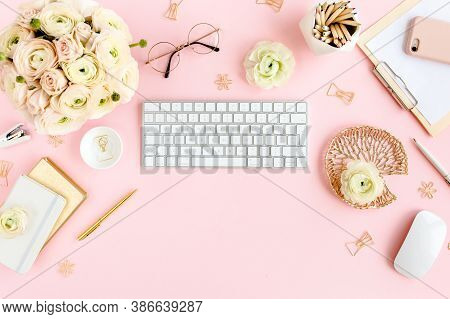 Stylized, Pink Womens Home Office Desk. Workspace With Computer, Bouquet Ranunculus And Roses, Clipb