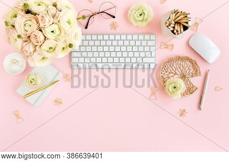 Stylized, Pink Womens Home Office Desk. Workspace With Computer, Bouquet Ranunculus And Roses, Clipb