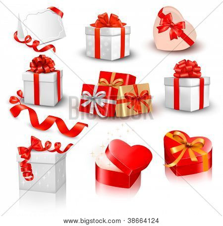  Ensemble de coffrets cadeaux vecteur coloré avec des arcs et des rubans.