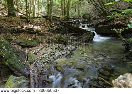 Nature Landscape With The Stream Of The Forest River At Summer. Turichka River Near Lumshory Village