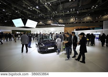 Gyeonggi-do,south Korea-march 2019: People Looking At A Car Displayed At Seoul Motor Show 2019 In Ki