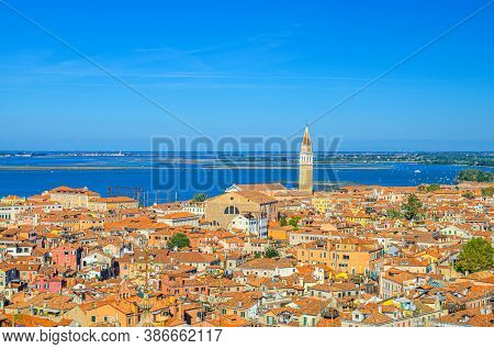 Aerial View Of Venice City Old Historical Centre With Bell Tower Campanile, Red Tiled Roofs Building