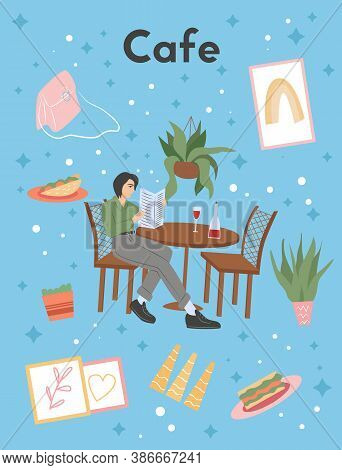 Young Woman In Modern Clothes Sitting At Cafe Or Restaurant Vector Flat Cartoon Cerd Design.