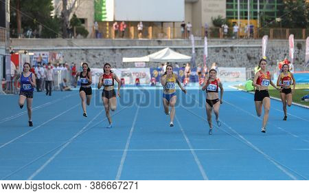 Istanbul, Turkey - September 12, 2020: Athletes Running 100 Metres During Balkan U20 Athletics Champ