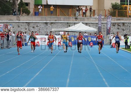 Istanbul, Turkey - September 12, 2020: Athletes Running 100 Metres During Balkan U20 Athletics Champ