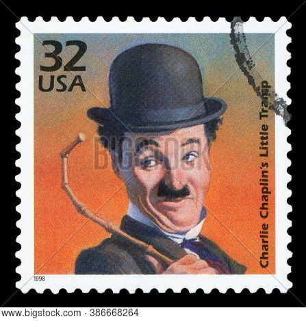 United States Of America - Circa 1998: A Stamp Printed In Usa Shows Portrait Of Charlie Chaplin 1889