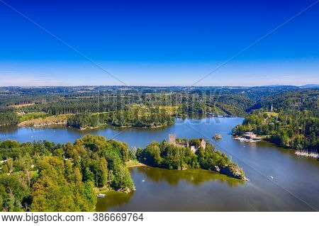 Ottenstein Reservoir And Lichtenfels In Waldviertel, Lower Austria. Aerial View To The Lake And The 